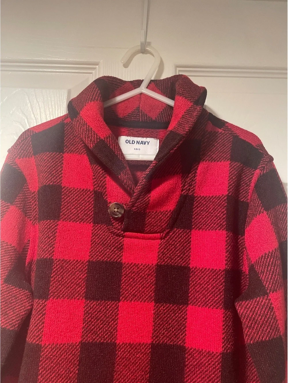 Old Navy Boys Buffalo Plaid Pullover Fleece Red Black Snap Neck Size S 6-7